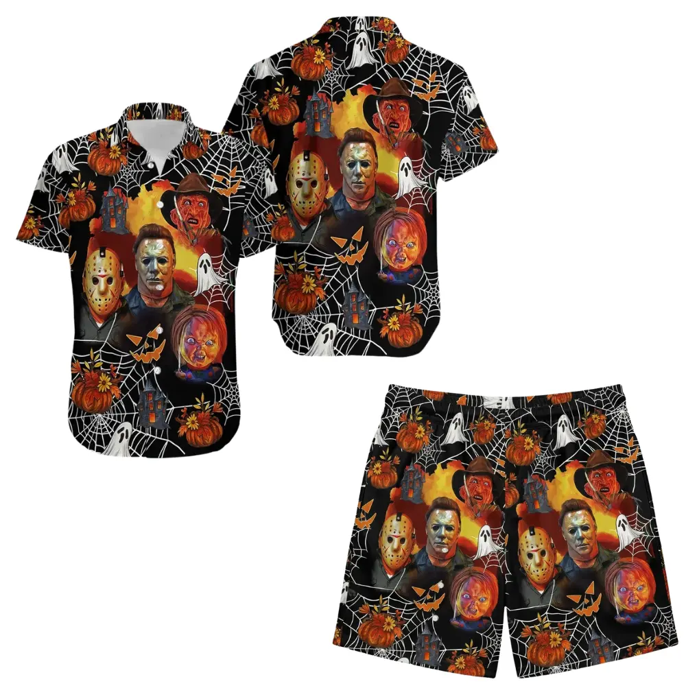 Halloween Hawaiian Shirt and Shorts Set, Jason Voorhees Freddy Krueger Chucky Pumpkin Spider Web Horror Design, Gift for Horror Movie Fans