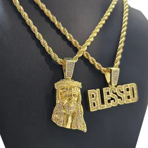 Jesus & BLESSED Iced Cubic Zirconia Religious Pendant & 4mm 24" Rope Chain 2 Necklace Jewelry Set for Men Women Unisex 14K Gold Plated Hip Hop Style