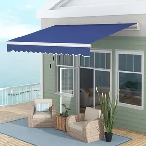 13' x 8' Patio Awning Manual Retractable Sun Shade with UV Protection Easy Crank Opening Dark Blue Multi-Surface Adjustable Protection Heat Reducing Versatile Placement Outdoor Ready