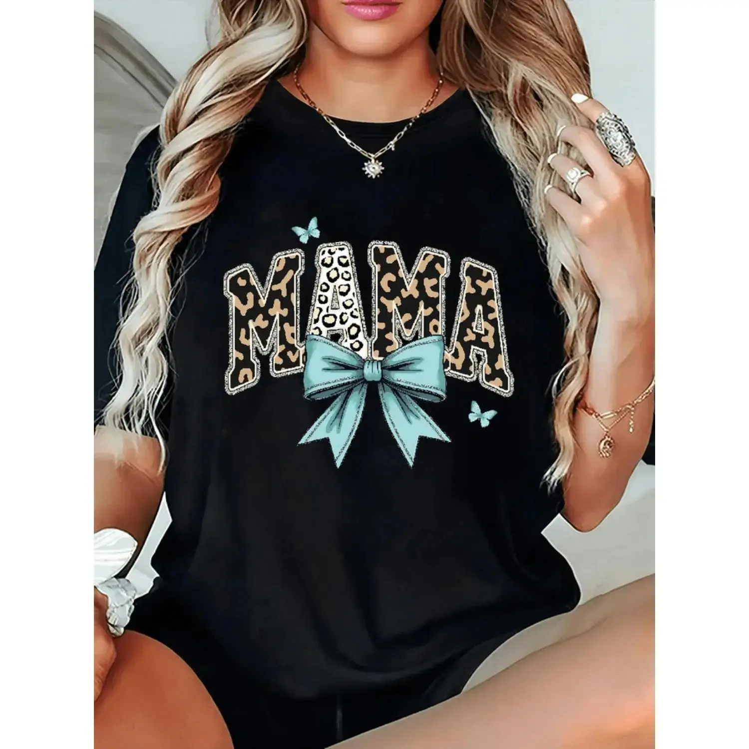 Women's Graphic T-Shirt - Leopard Print MAMA Design with Teal Bow & Butterflies, Short Sleeve Round Neck Casual Tee for Spring Summer Fall, Machine Washable, Ladies T Shirts, Comfortable Clothing