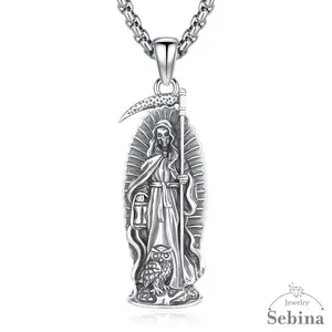 Sebina La Santa Muerte Necklace 925 Sterling Silver Penadnt Skull Jewelry Grim Reaper Scythe Skull Owl Grim Reaper Necklace Gift for Men Women