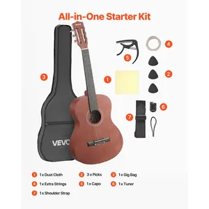 VEVOR Classical Guitar, 36 Inch, Wood Classical Guitar Starter Kit for Beginners, with Nylon Strings, Gig Bag, Strap, Tuner, Extra Strings, Picks, Capo, Sapele Rosewood, for Kids Girls Boys, Natural
