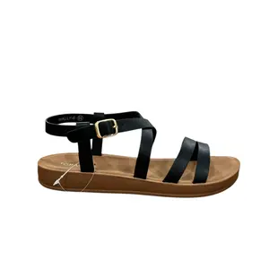 Chia Comfortable Sandals - Black Strappy Design with Gold Buckle Accent - Shoes