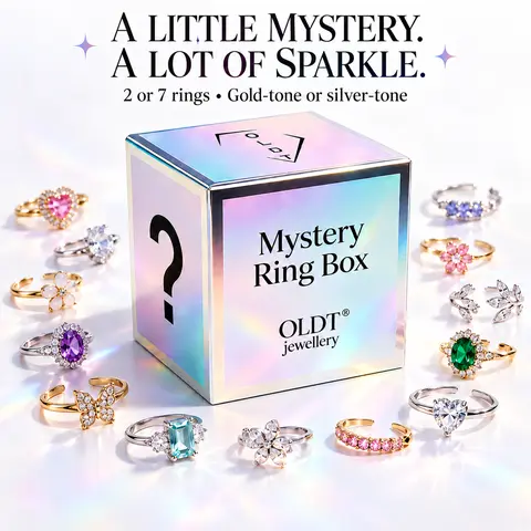 OLDT Mystery Jewelry Jar – 7 Random Adjustable Zircon Rings for Women, Gold or Silver Fashion Jewelry Surprise Set