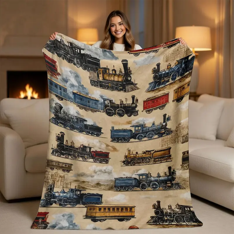 Vintage Steam Train Aesthetic Throw Blanket - Soft Cozy Retro Locomotive Bed Warmer Blanket for Couch, Boys' Bedroom Decor, Unique Birthday Gift for Train Lovers, Bed Warmer Blankets