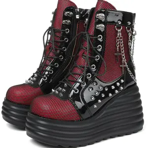 EROCALL  Platform Ankle Boots for Women Red Lace up Buckle Straps Wedge Moto Combat Booties with Studs and Chains for Rave Halloween Party