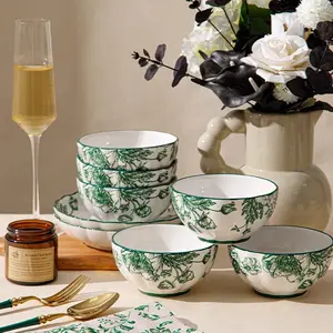 12pcs Ceramic Dinnerware Service Set, Mini Western Style Tableware with Green Rose Floral Print, Microwave & Dishwasher Safe, Daily Use Kitchen Set, Plates Bowls Sets