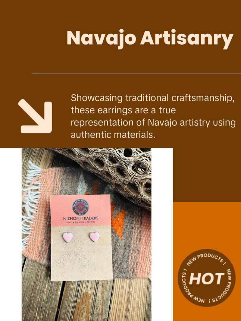 Navajo Queen Pink Conch & Sterling Silver Heart Stud Earrings