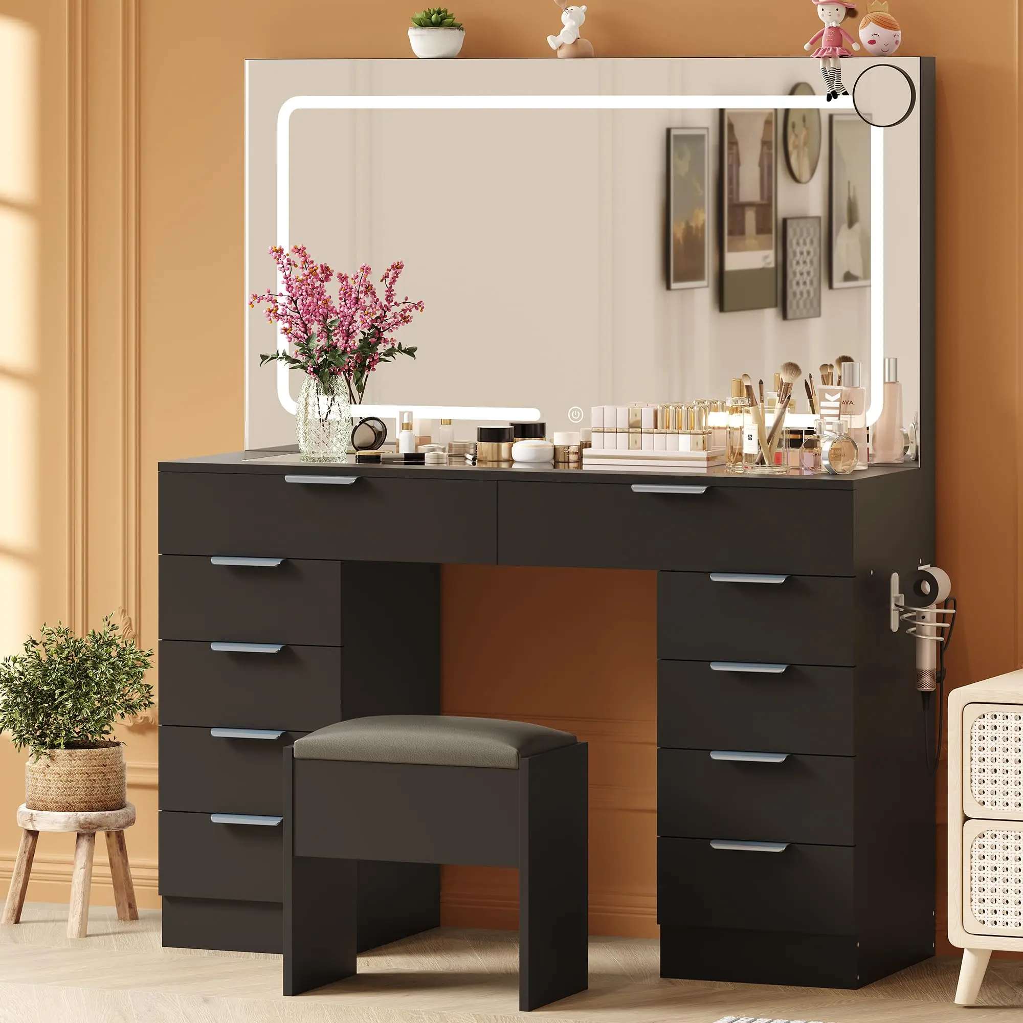 Large Vanity Desk with Mirror, Clear Glass Top, Stool, LED Lights and Power Outlet, 45'' Width Makeup Vanity Table Set with 10 Drawers for Bedroom Dressing Room,Black