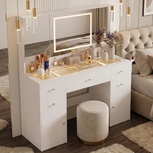 Furmax 47" Vanity Desk with LED Lighted Mirror, Hidden Storage Behind Mirror, 3 Color Lights Makeup Vanity with 5 Drawers & 2 Cabinets for Bedroom , Modern Dressing   Table   with  Glass Desktop, Built-in Power Outlet & Hair Dryer Holder, White