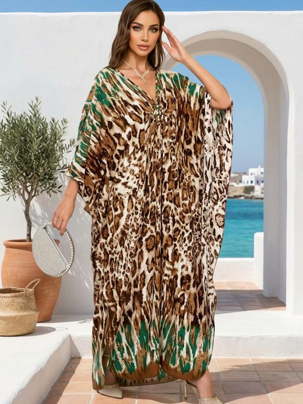 EDOLYNSA leopard print kaftan dresses Women's caftan Boho Caftan relaxed daily wear V-neck beach wear Soft Bohemian muumuu dress vibrant flowy house robe Butterfly sleeve cover up maxi dress Q1755