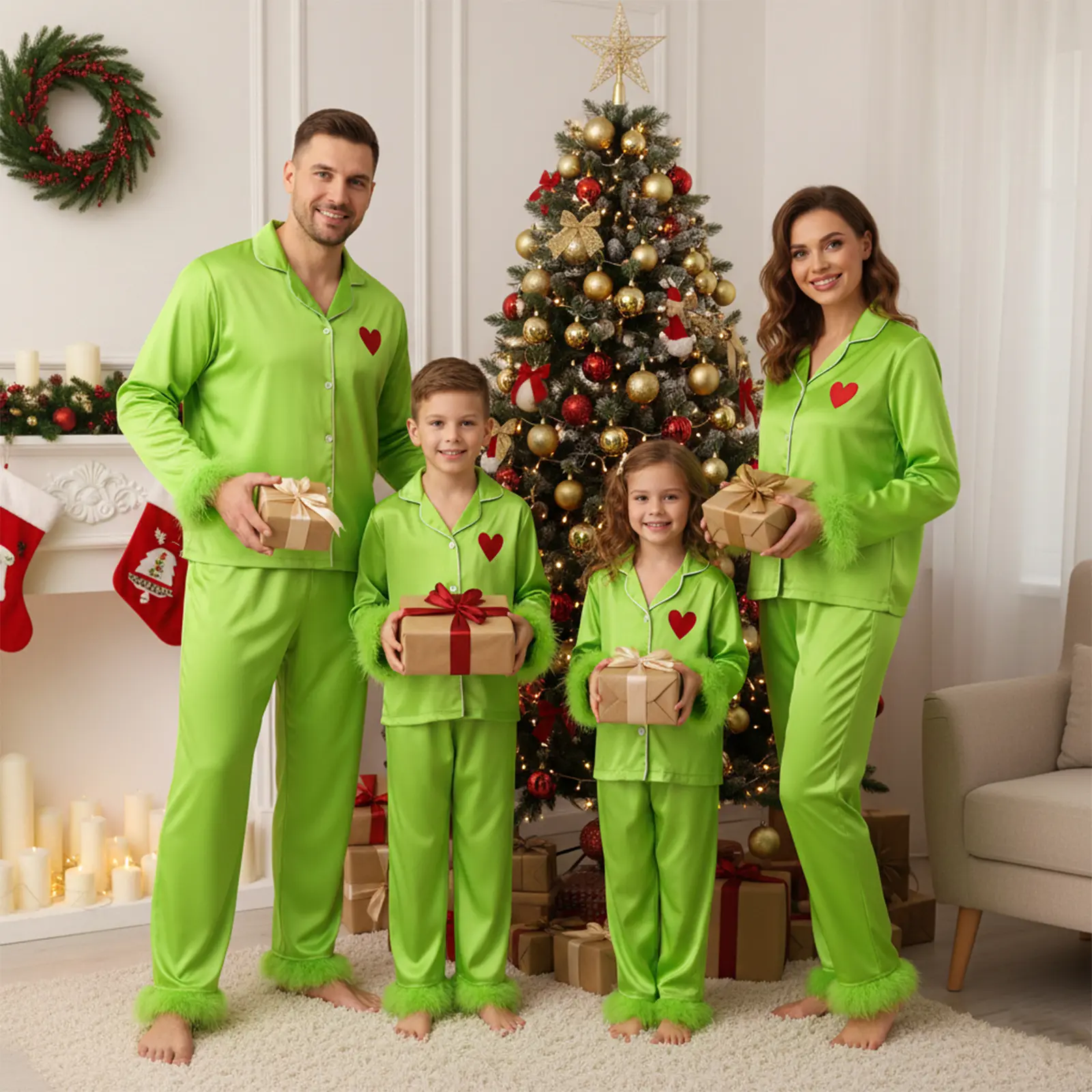 Kupretty Family Matching 2-Piece Pajama Sets - Green Long Sleeve Lapel V-Neck Button-Down Polyester Tops & Elastic Pants, Casual Heart Print Monster Cosplay Loungewear (For Parents & Kids), Longsleeves, Waist Pants, Clothes