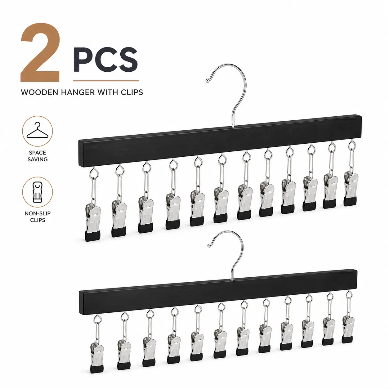 Pant Hanger for Closet Organizer with 12 Clips, 2 Pack Wooden Yoga Pants Hanger Holds 24 Leggings, Space Saving Hanging Closet Organizer w/Rubber Coated Closet Organizers and Storage, Clothes Hanger with Clips for Bra, Belt, Sock, Hat Hanging Organization