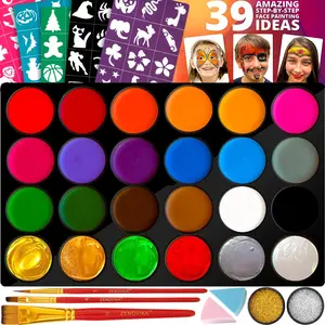Face Painting Kit for Kids - 24 Large Colors, Non-Toxic and Hypoallergenic, Stencils, Book, and Professional Halloween Makeup - Safe and Easy to Use
