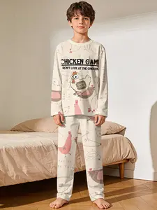 Light-colored Fun Chicken, Chicken Game, Kids Pajamas, Boys' Long-sleeve Top and Long Pants Pajama Set (2 pieces), featuring digital printing and flame-retardant fabric, loungewear set, comfortable sleepwear for children, an excellent gift choice for bo