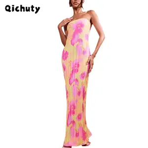 Women's Y2k Strapless Maxi Dress Floral Print Pencil Skirt Slim long dress summer retro dress beach Bohemia dress Dark Pink Floral Sleeveless Casual Womenswear Light Evening Fitted Solid