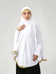 Muslim Fashion Plain Lace Edge Large Size Khimar, Women's Elegant Instant Hijab, Islam Daily Prayer Hijab, 1pc
