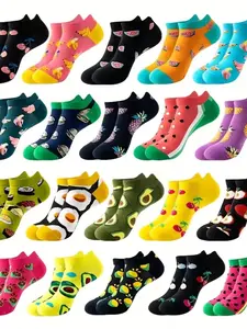 [10 Pairs Quick-Dry Socks] 10 Pairs High Elasticity Soft Women's Fruit & Vegetable Print Ankle Socks | Assorted Vibrant Patterns, Quick-Dry, Machine Washable for Spring Summer Casual Wear