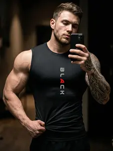 Men's Black Printed Compression Sports Tank Top, Quick-Dry Breathable Comfortable Sleeveless Shirt, Fitness Running & Training Activewear, Summer Outdoor Gym Basketball Volleyball Courts