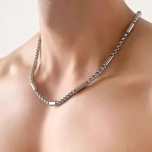 Stainless Steel Square Pearl Chain Necklace - Neutral Hip-Hop Style, Menswear, Daily Casual Punk Fashion Jewelry for Men & Women, Stainlesssteel, Fashionable