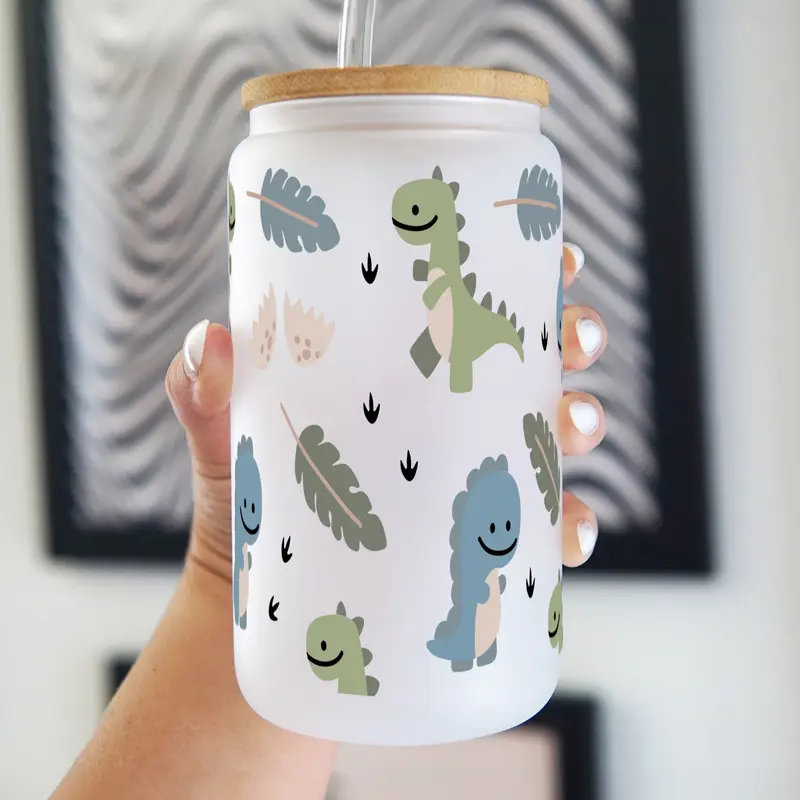Dinosaur 40oz Glass Tumbler with Handle, Bamboo Lid & Straw, Gift for Her