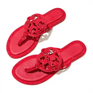 Women's Red Rhinestone Thong Sandals Sparkly Crystal Flip Flops Comfortable Flat Sandals Dressy Casual Summer Beach Shoes Bling Hollow Out Design Footwear