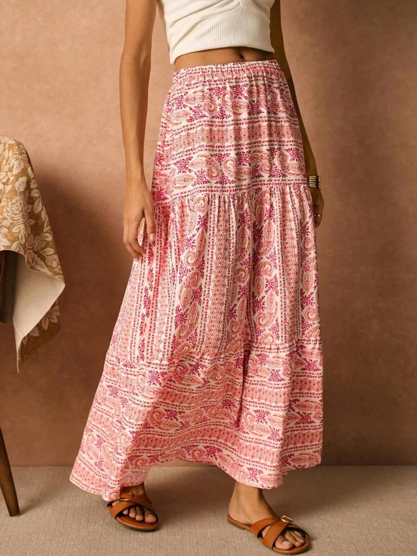 Women's Pesley Print Floral Tassel Trim Long Skirt, Bohemian Boho Fashion Casual Maxi Skirt, Boho Casual Skirts for Beach Holiday Vacation, Womenswear Ladies Bottoms for Summer, Floral Printed Skirt