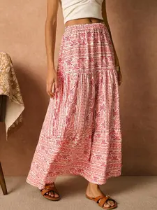 Women's Pesley Print Floral Tassel Trim Long Skirt, Bohemian Boho Fashion Casual Maxi Skirt for Beach Holiday Vacation, Womenswear Ladies Bottoms for Summer