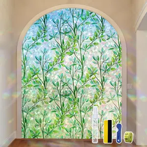 3D Rainbow Window Privacy Film, 17.5 x 78.7 inches Leaf Pattern Anti UV Static Cling Self-Adhesive with Installation Kit Reusable Decorative for Room, Green