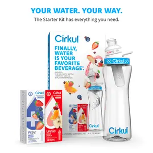 Cirkul 22 oz Plastic Water Bottle Starter Kit with Blue Lid and 2 Flavor Cartridges (Fruit Punch & Mixed Berry) Bottled Drinkware Tumbler Mug
