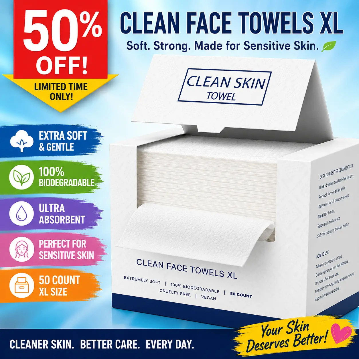 XL Disposable Face Towels, Ultra Soft Facial Towel for Skincare & Face Cleansing, Wet &Dry Use, Biodegradable, Gentle for Sensitive Skin, Multi Pack, Home Care Tissue Essential, SummerFinds, Back to school