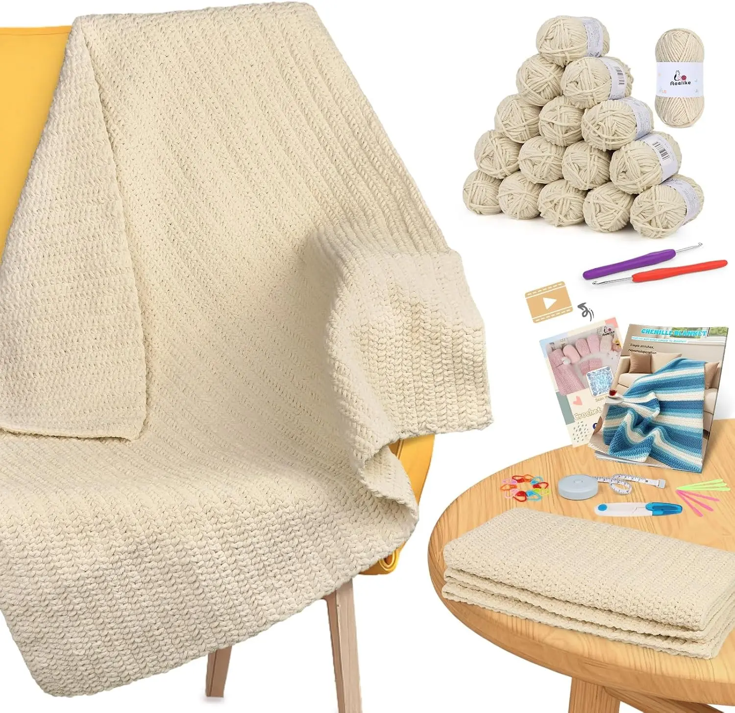 Aeelike Crochet Blanket Kit for Beginners, Easy Soft Crochet Kit, Khaki | Blanket Crochet Kit for Beginners Adults with Cheniile Yarns Detailed Video Tutorials Crocheting Accessories, Ideal Gift Gift