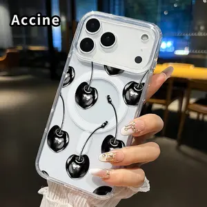 Magnetic Soft Case for iPhone 17 16  Pro Max Plus 15 14 13 12 11 Air E Black Cherry Pattern Anti-Yellowing Shockproof ultra-thin Silicone Crystal Transparent Acrylic Large Hole Cover Supports Wireless Charging