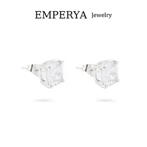 EMPERYA Silver Tone Icy Square Cluster Stud Earrings | Sparkling Princess Cut Pave Solitaire Studs | Elegant Halo Statement Earrings | High-End Bridal & Special Occasion Jewelry