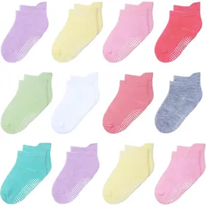 12 Pack Non Slip Kids Toddler Baby Socks with Grips 1-7 Years Boys Girls Cotton Ankle Socks Multi Colors