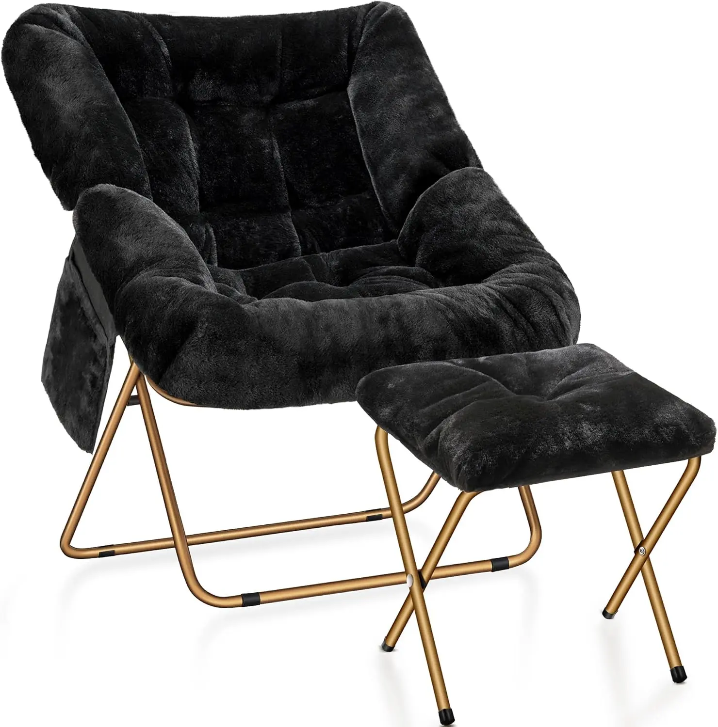 Comfy  Chair for Adults, Foldable Living Room Chairs, Soft Faux  Lounge Chair for Bedroom, Reading Chairs, X-Large (Ottoman-Black)