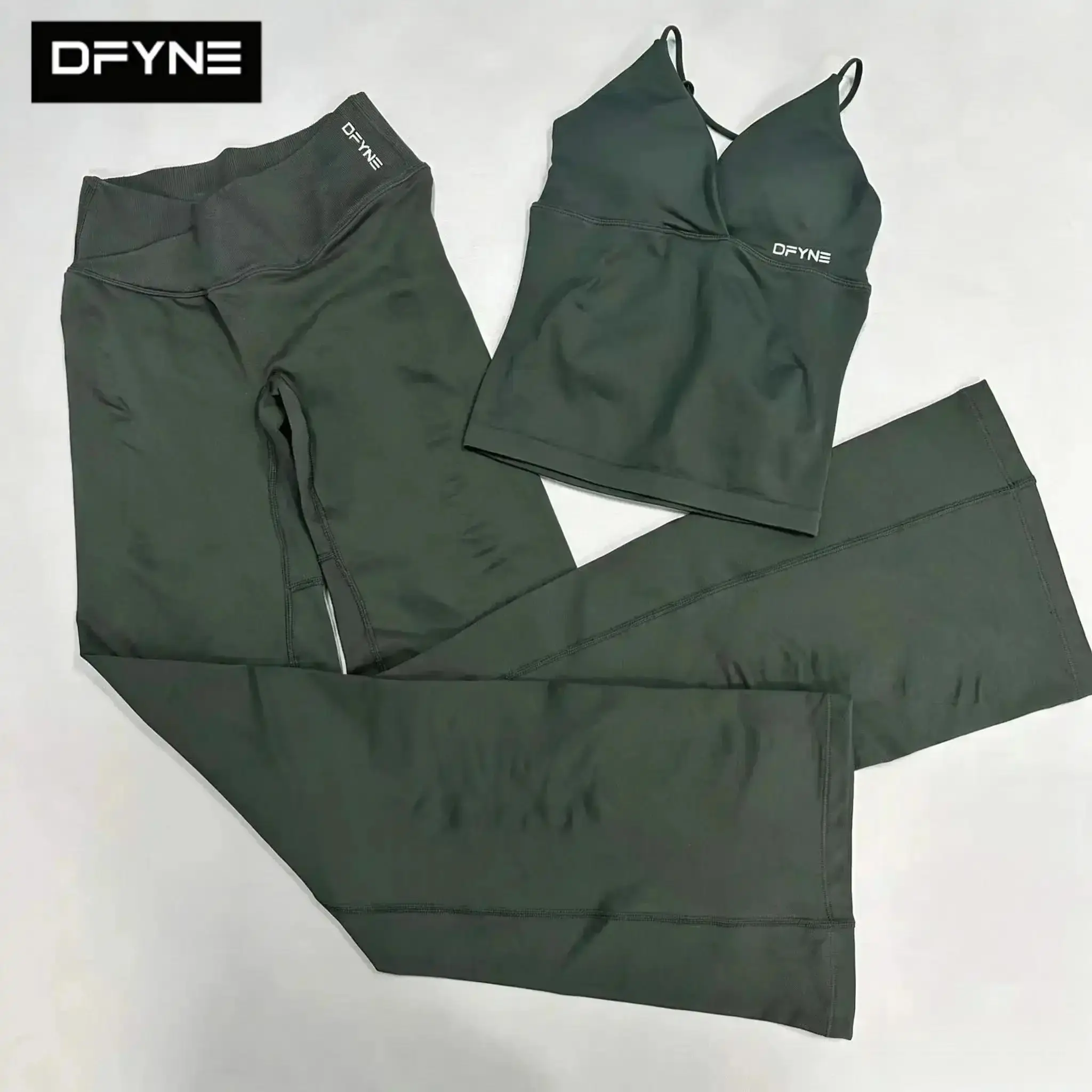 DFYNE Women's 2 Piece Seamless Workout Set V Neck Sports Bra and Flare Yoga Pants Stretchy Activewear Gym Matching Sets Flattering High Waisted Athleisure Outfit for Yoga Pilates Fitness Everyday Wear