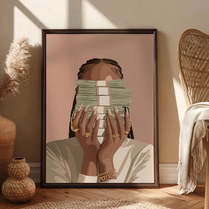 Black Woman Holding Money Wall Art,  Luxury Manifestation, Modern Minimal Glam Poster