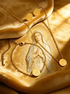 1set/4pcs Our Lady of Guadalupe Coin Pendant Necklace&Bracelet&Earrings Set for Women, Simple Virgin Mary Religious Jewelry for Latin America&North America, Timeless Faith-inspired Accessory, Ideal for Daily, Baptism, First Communion&Religious Gift