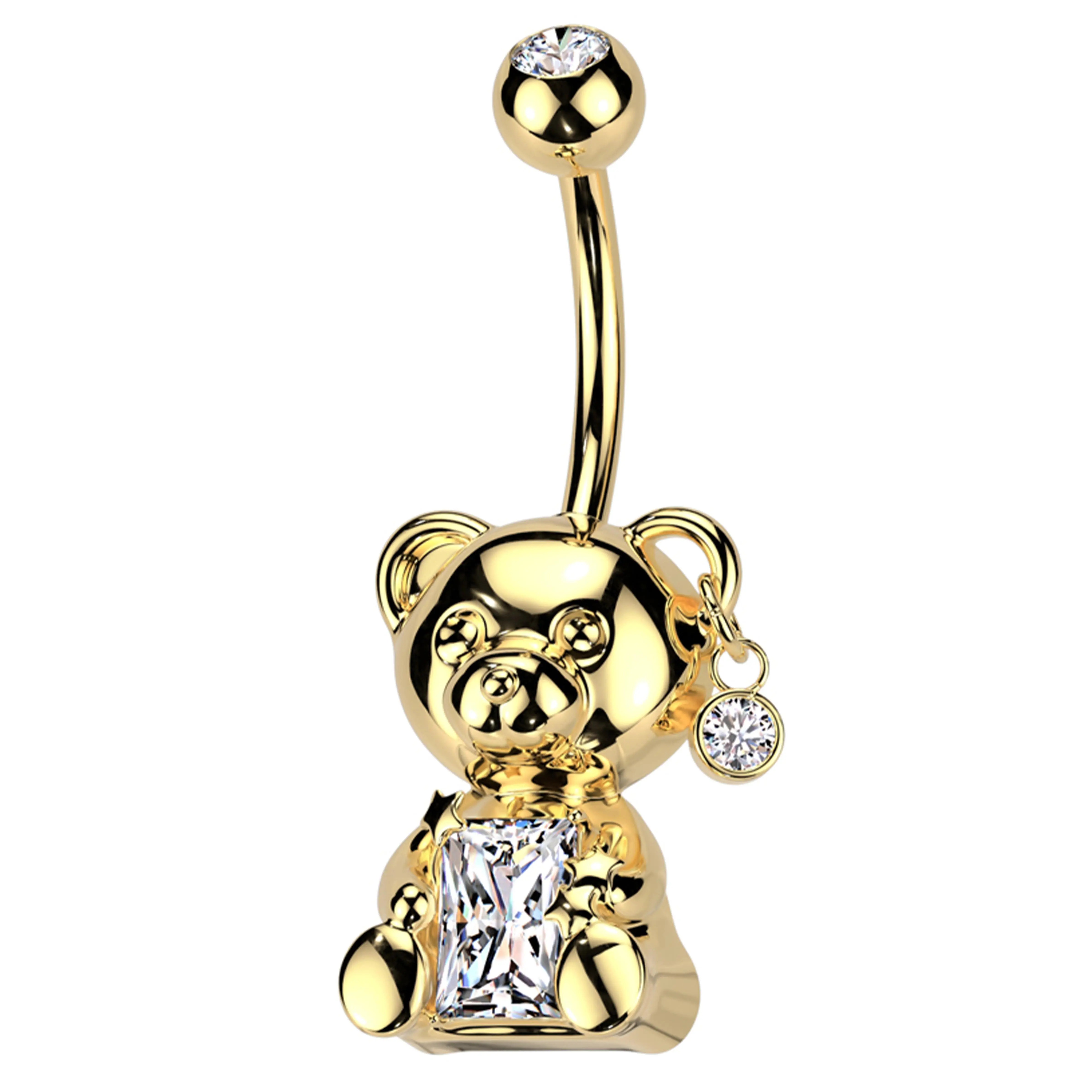 Gold PVD Teddy Bear Baguette Clear CZ Stainless Steel Belly Button Ring
