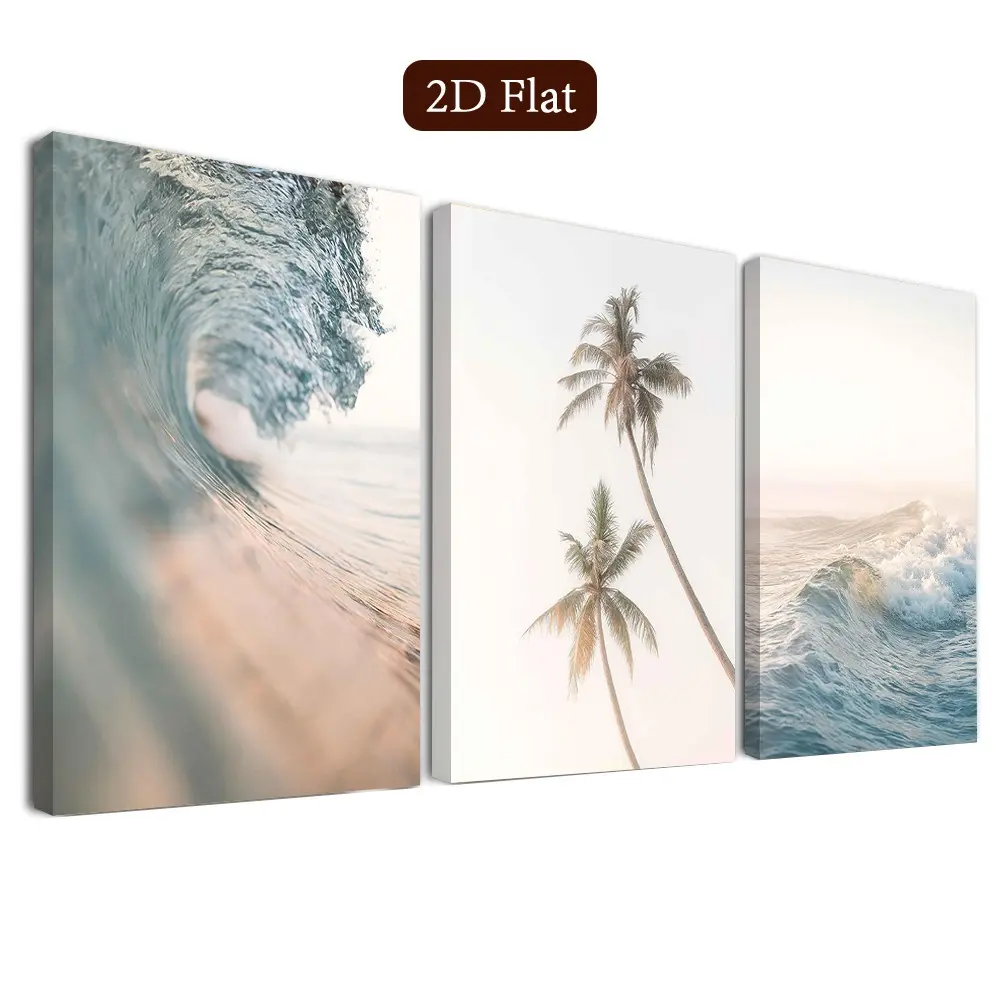 3-Piece Set Framed Coastal Tide Wall Art, Tropical Palm Canvas Print, Modern Sunlit Beach Poster, Elegant Home Decor for Living Room, Bedroom, Office, Bathroom