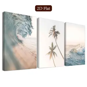 3-Piece Framed Coastal Tide Wall Art, Tropical Palm Canvas Print, Modern Sunlit Beach Poster, Elegant Home Decor for Living Room, Bedroom, Office, Bathroom