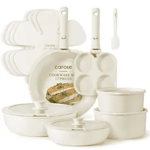 Carote Nonstick Cookware Sets, 17 Pcs Granite Non Stick Pots and Pans Set with Removable Handle