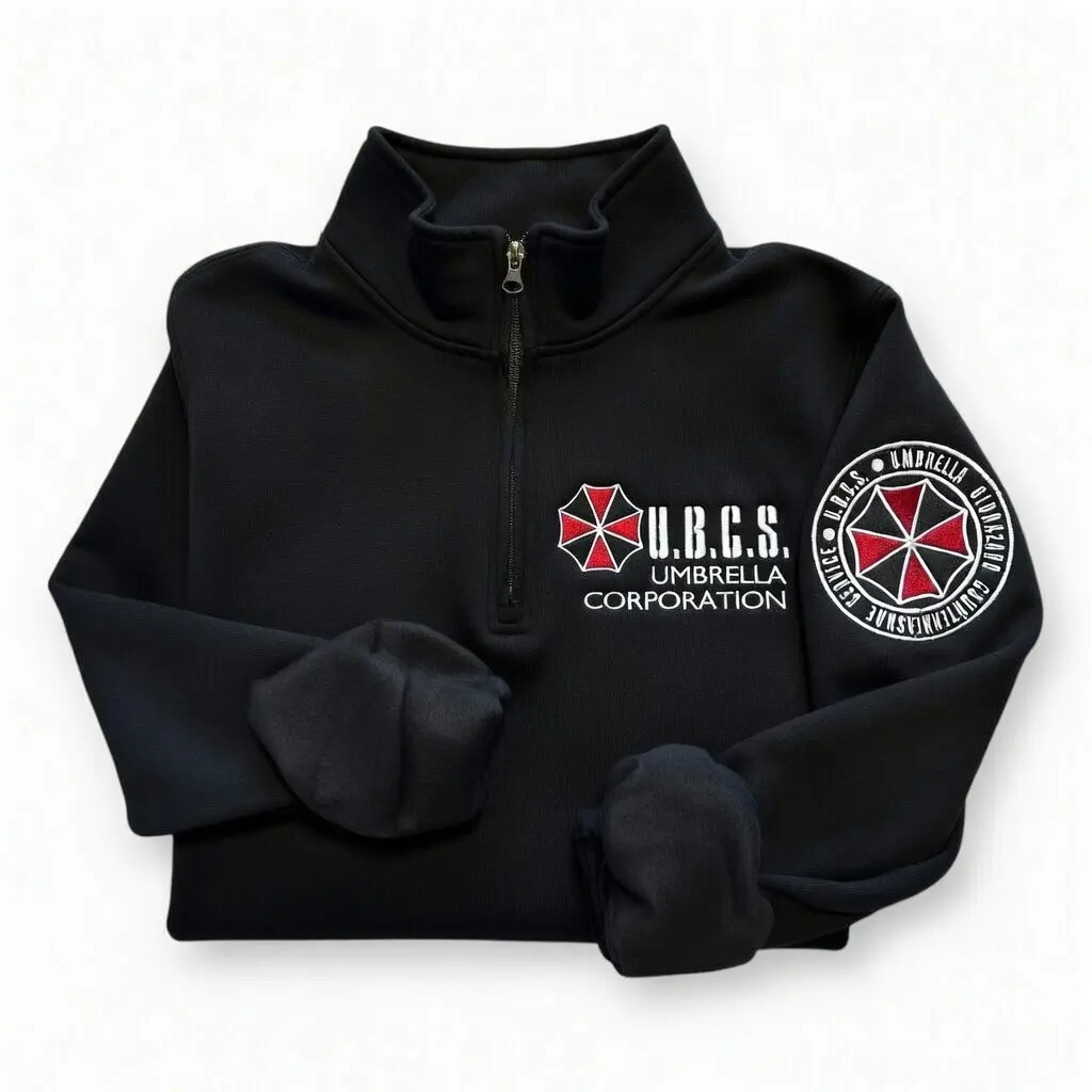 Women's Fitted Long-Sleeve Pullover Hoodie with Double-Sided Embroidery, Resident Evil UBCS Umbrella Logo Gamer Top