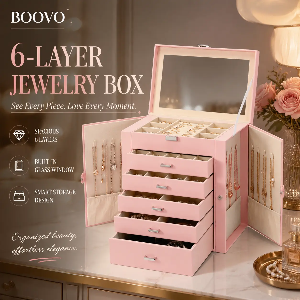 BOOVO（Shell Pink）Modern 6-Layer Jewelry Organizer Box for Women - Large Jewelry Storage Box with Glass Lid & Mirror, PU Leather Jewelry Holder, Anti-Tarnish Velvet Lining for Necklaces, Rings & Earrings, Elegant Gift for Her