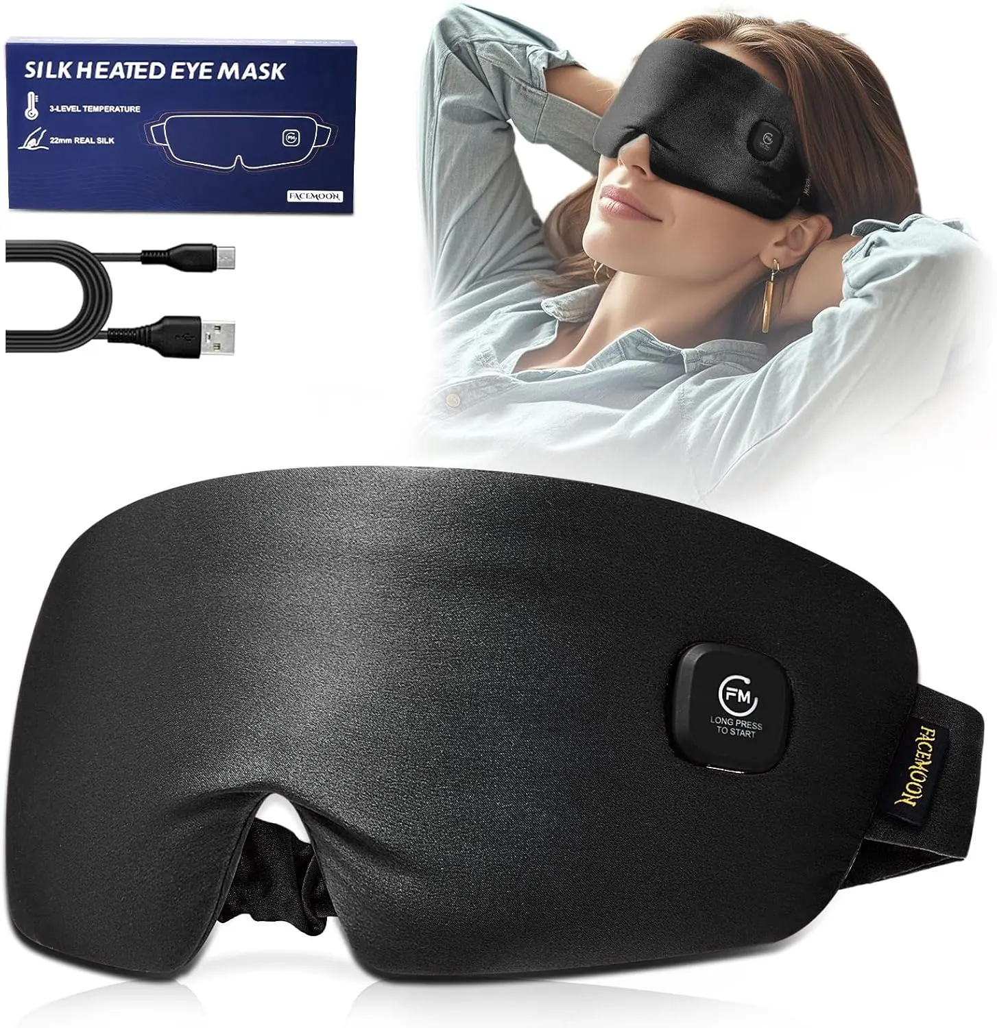 FACEMOON Smooth Cordless Self Heating Silk Sleeping Eyemask, FSA Eligible - Moisturizing Warm Compress, Auto-Off Timer, Removable, Rechargeable, Washable for Night Routine, Travel | Eye Covers for Sleeping
