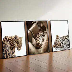 3pcs/set Frameless Fashionable Leopard Printed Black-and-White Leopard Print Design Animal Poster Playful Leopard, Black Cat, Wine Glass Canvas Wall Home Bar Decor Gift