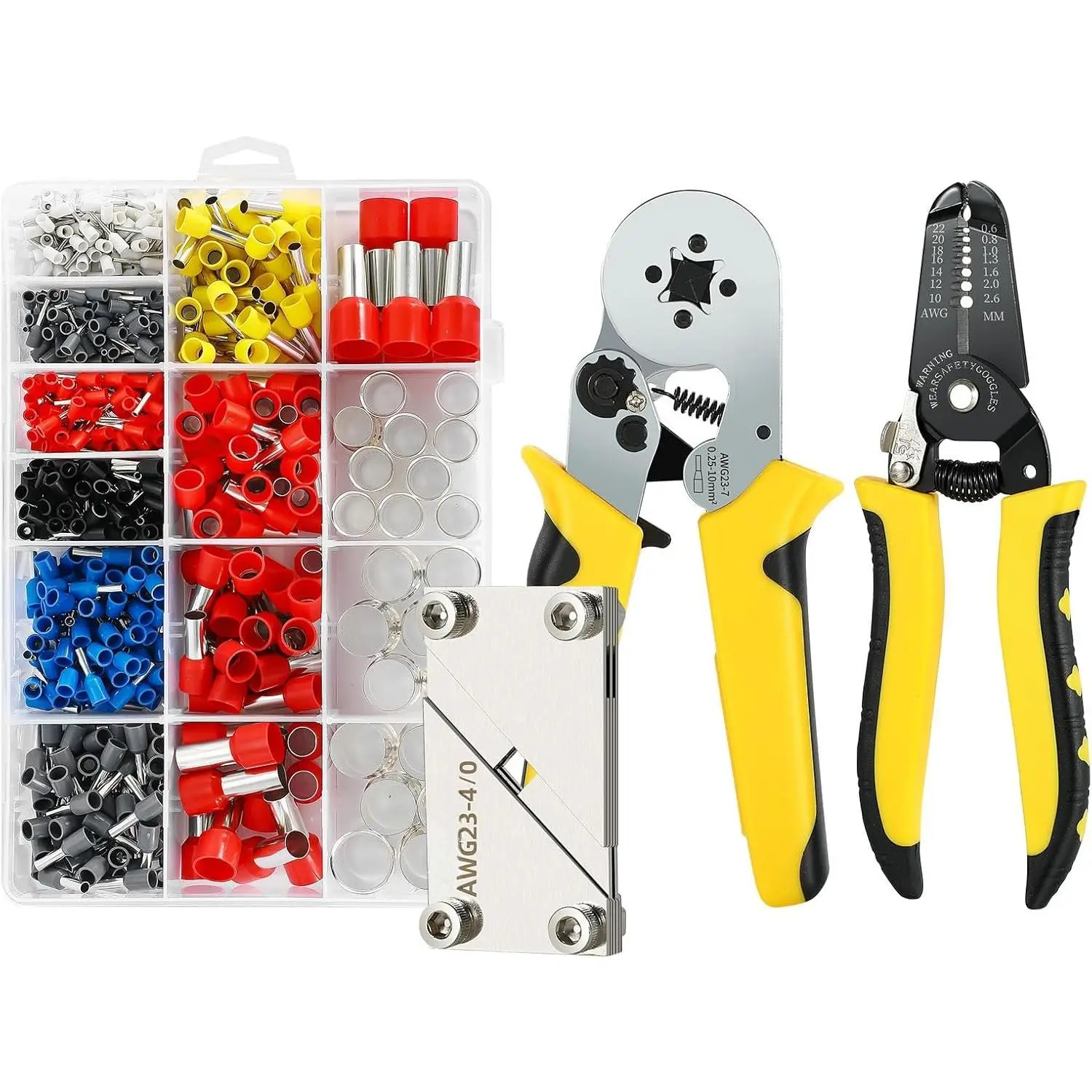 Ferrule Crimping Tool Kit,Wire Ferrule  Plier(AWG23-7,Wire Stripper(AWG22-10) and Ferrules (AWG26-4/0),600PCS Wire Ferrules Kit(AWG22 20 18 16 14 12 10 7 5 4 2 1/0 2/0 3/0)