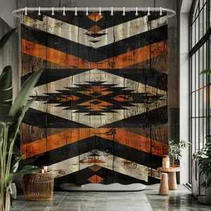 1pc Extra Large Southwest Tribal Shower Curtain - Southwestern Bathroom Decor with Rustic Wood Plank Texture & Geometric Tribal Pattern in Brown/Black/Beige/Gray/White, Earthy Tones - -Fade & Machine Washable Fabric - Modern Farmhouse Decor