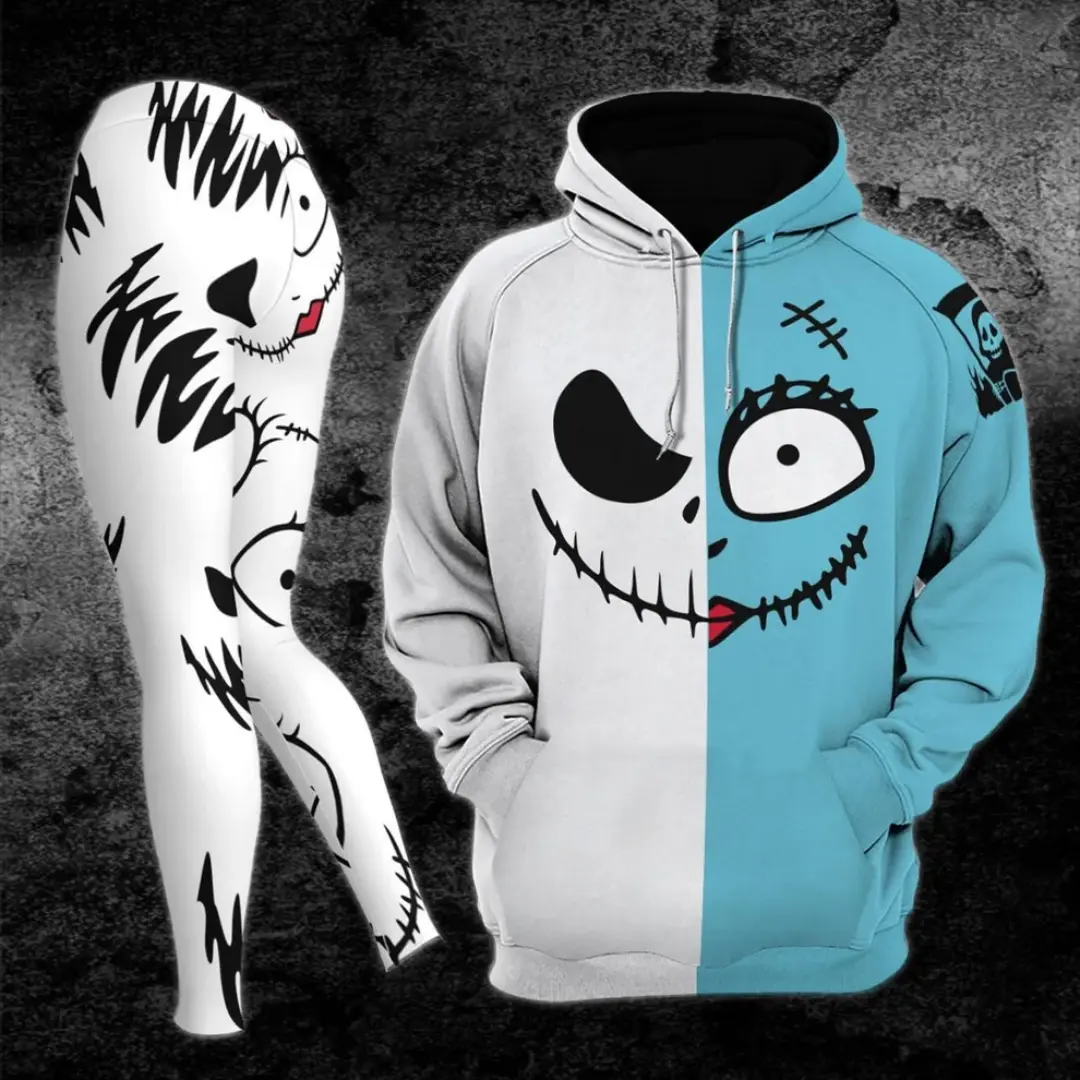 Gothic Skull Couple Hoodie and Leggings Set, Matching Dark Aesthetic Outfit, Spooky Night Graphic Top with Coordinated Leggings, Alternative Streetwear Set for Couples